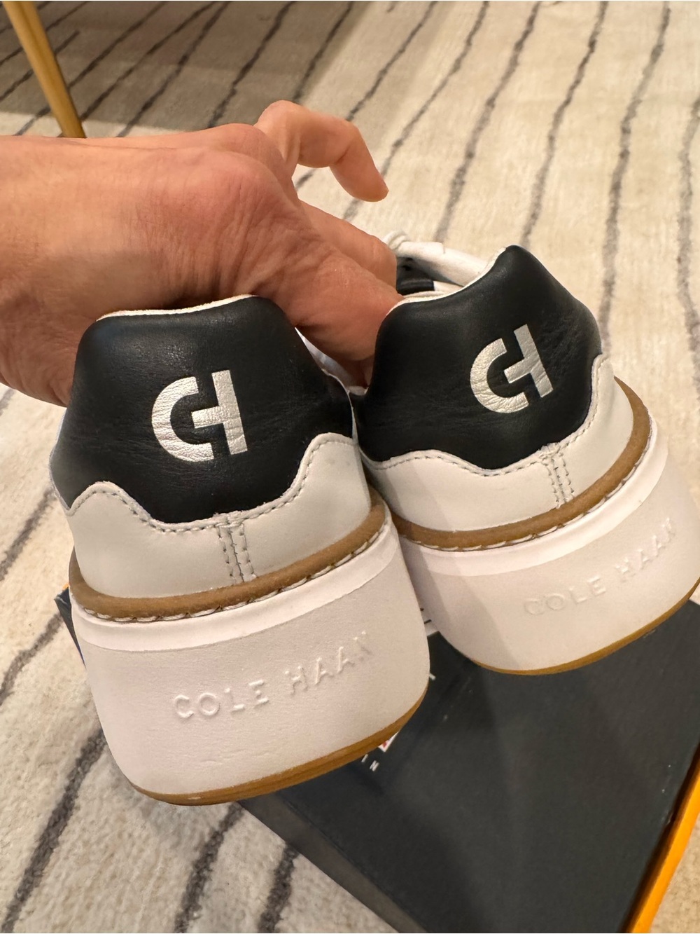 Cole Haan White Leather Sneakers with Navy Heel and Tan Welt - Picture 5 of 6